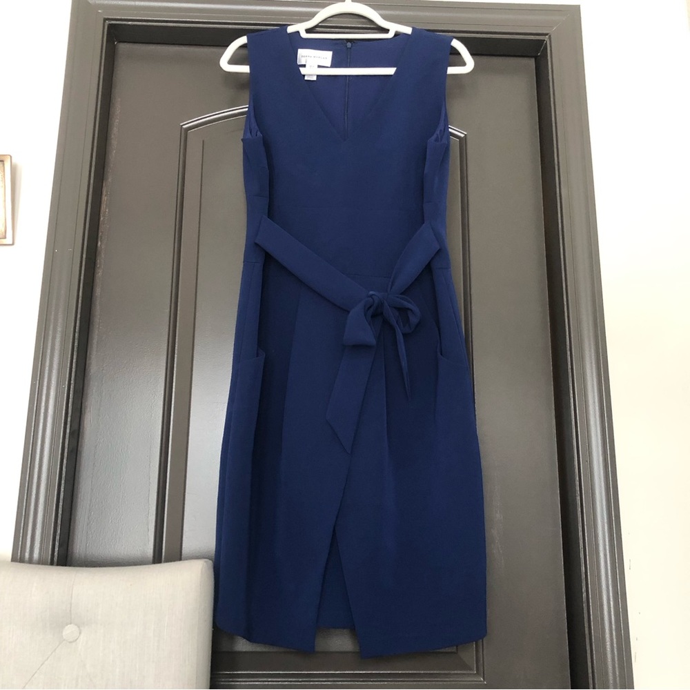 Donna Morgan Royal cobalt dark blue wide strap v-neck dress with pockets
